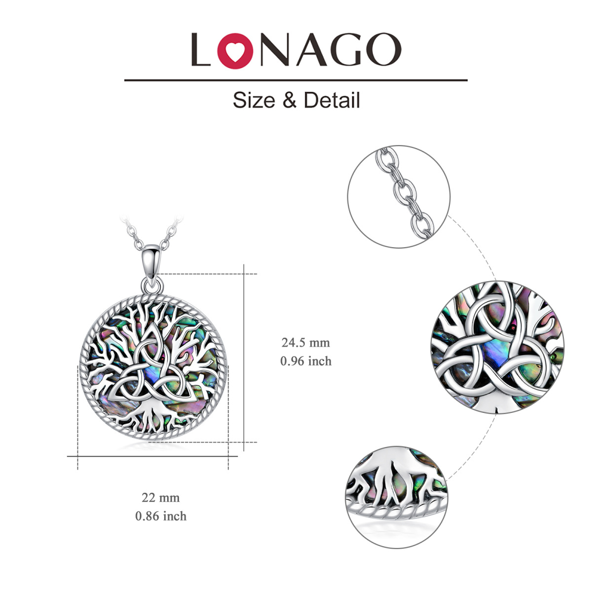 Sterling Silver Circular Shaped Abalone Shellfish Tree Of Life Pendant Necklace-5