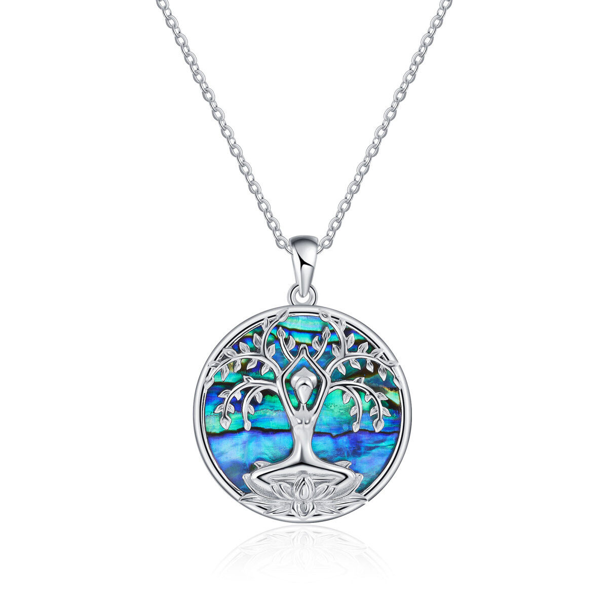 Sterling Silver Circular Shaped Abalone Shellfish Tree Of Life Pendant Necklace-1