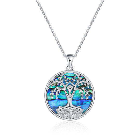 Sterling Silver Circular Shaped Abalone Shellfish Tree Of Life Pendant Necklace