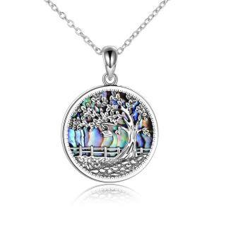 Sterling Silver Circular Shaped Abalone Shellfish Tree Of Life Pendant Necklace-42