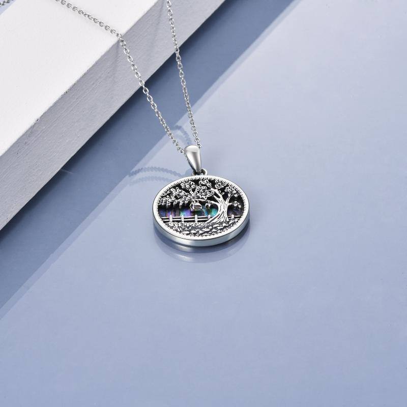 Sterling Silver Circular Shaped Abalone Shellfish Tree Of Life Pendant Necklace-3