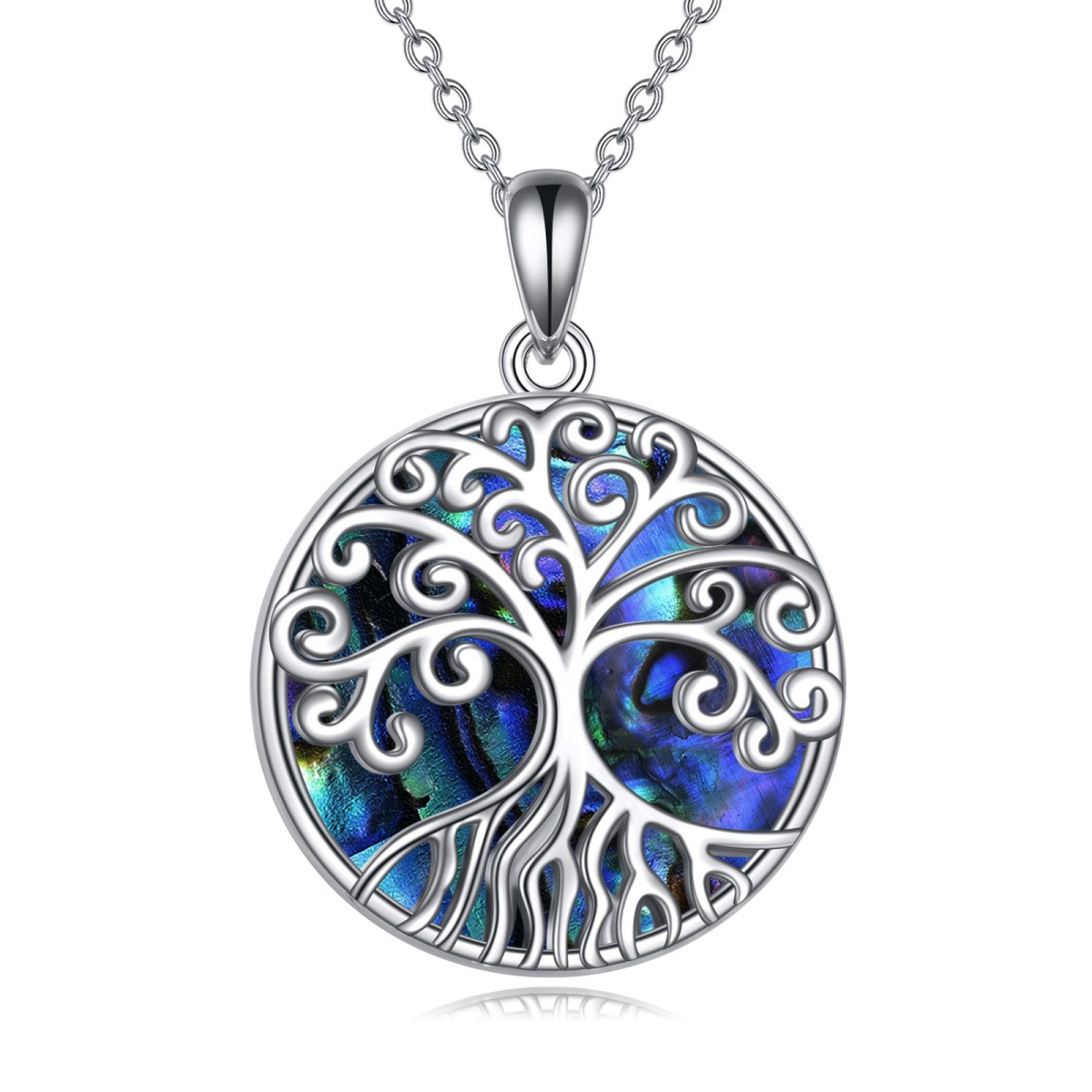 Sterling Silver Circular Shaped Abalone Shellfish Tree Of Life Pendant Necklace-1