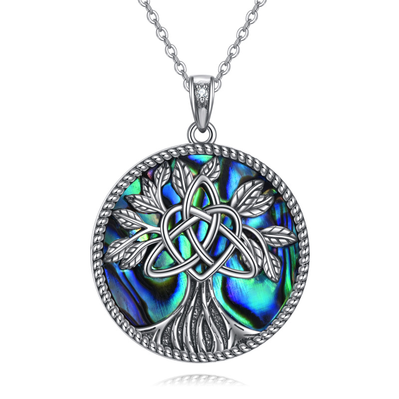 Sterling Silver Circular Shaped Abalone Shellfish Tree Of Life Pendant Necklace-10