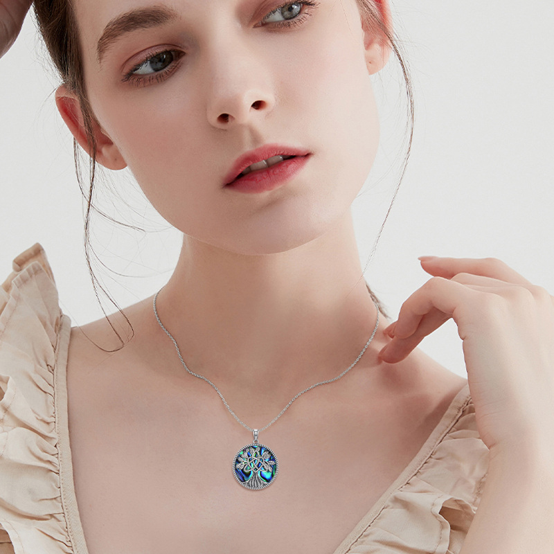 Sterling Silver Circular Shaped Abalone Shellfish Tree Of Life Pendant Necklace-2