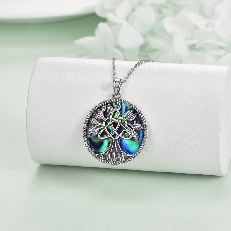 Sterling Silver Circular Shaped Abalone Shellfish Tree Of Life Pendant Necklace-3