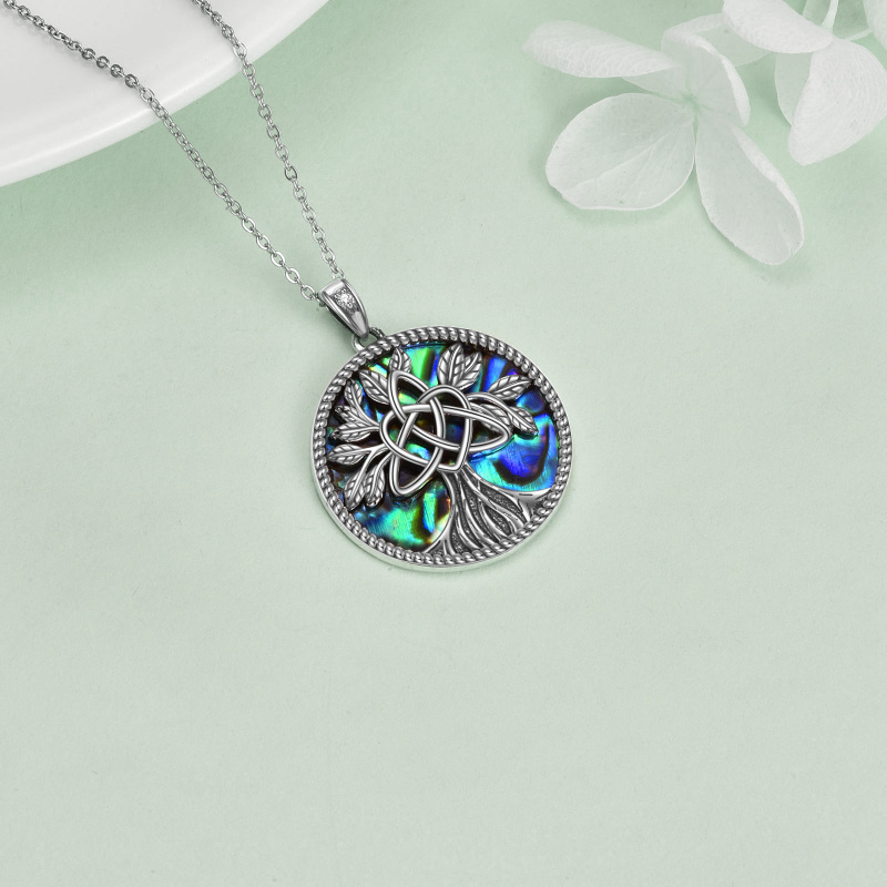 Sterling Silver Circular Shaped Abalone Shellfish Tree Of Life Pendant Necklace-4