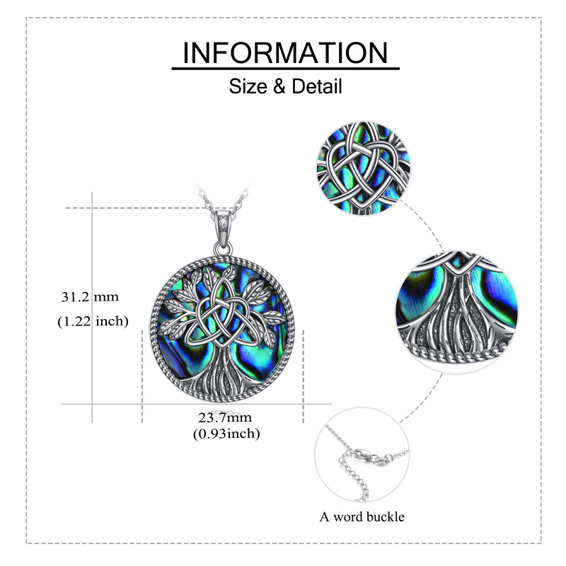 Sterling Silver Circular Shaped Abalone Shellfish Tree Of Life Pendant Necklace-5