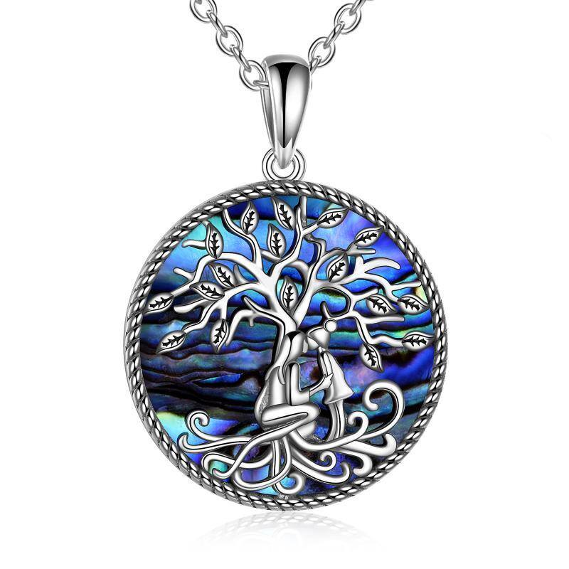 Sterling Silver Circular Shaped Abalone Shellfish Tree Of Life Pendant Necklace-1