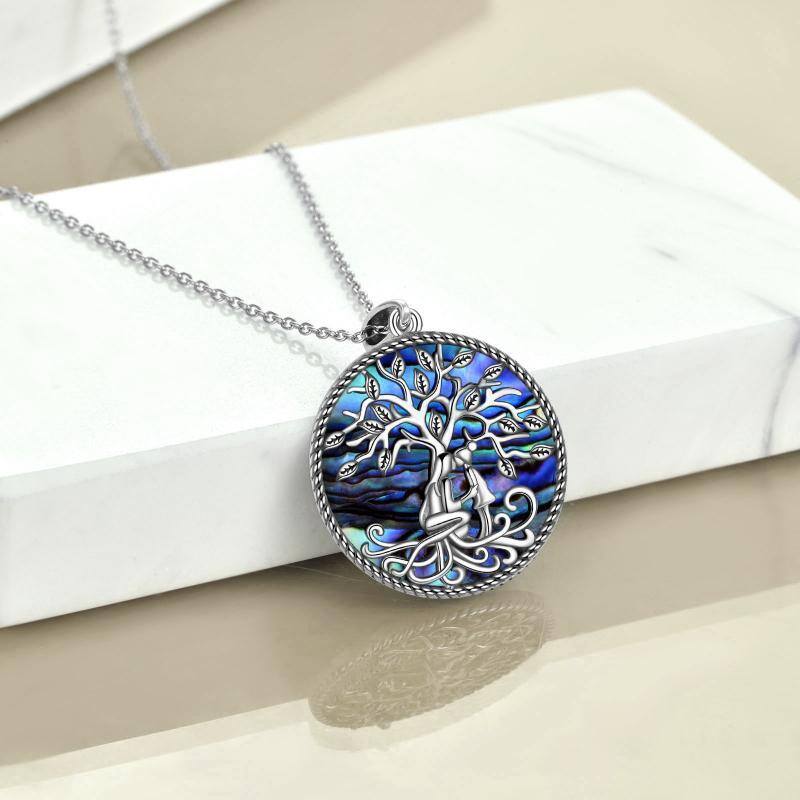 Sterling Silver Circular Shaped Abalone Shellfish Tree Of Life Pendant Necklace-3