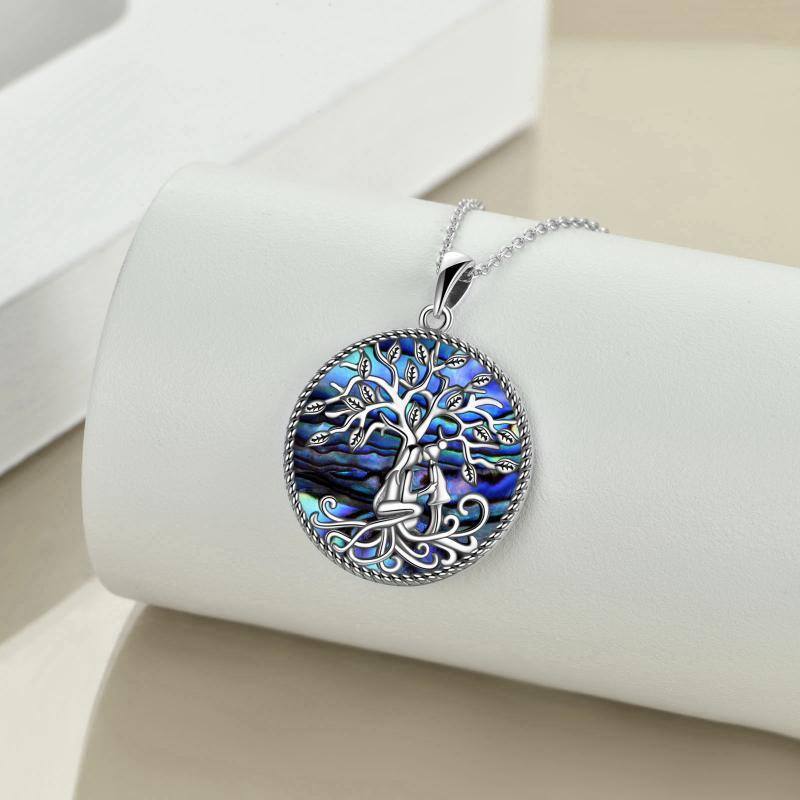 Sterling Silver Circular Shaped Abalone Shellfish Tree Of Life Pendant Necklace-4