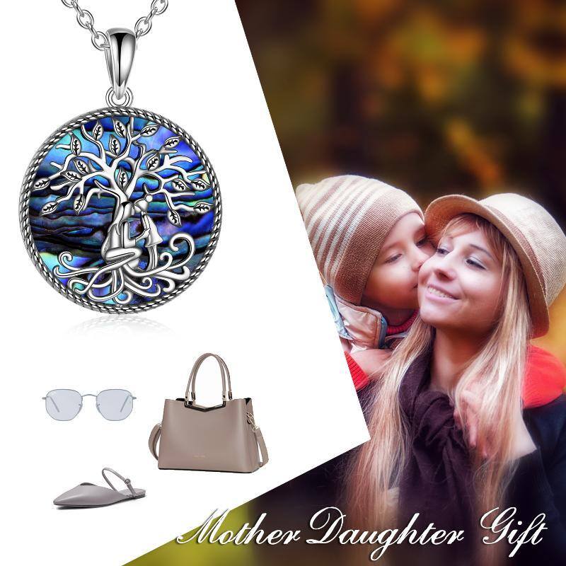 Sterling Silver Circular Shaped Abalone Shellfish Tree Of Life Pendant Necklace-6