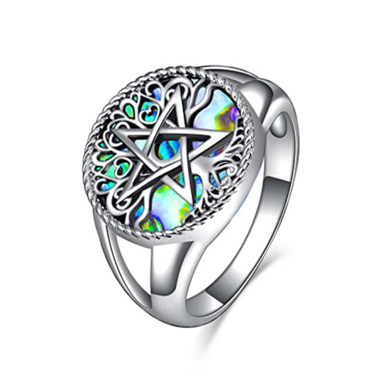 Anello con sigillo pentagramma albero della vita a forma circolare in argento sterling con conchiglia di abalone