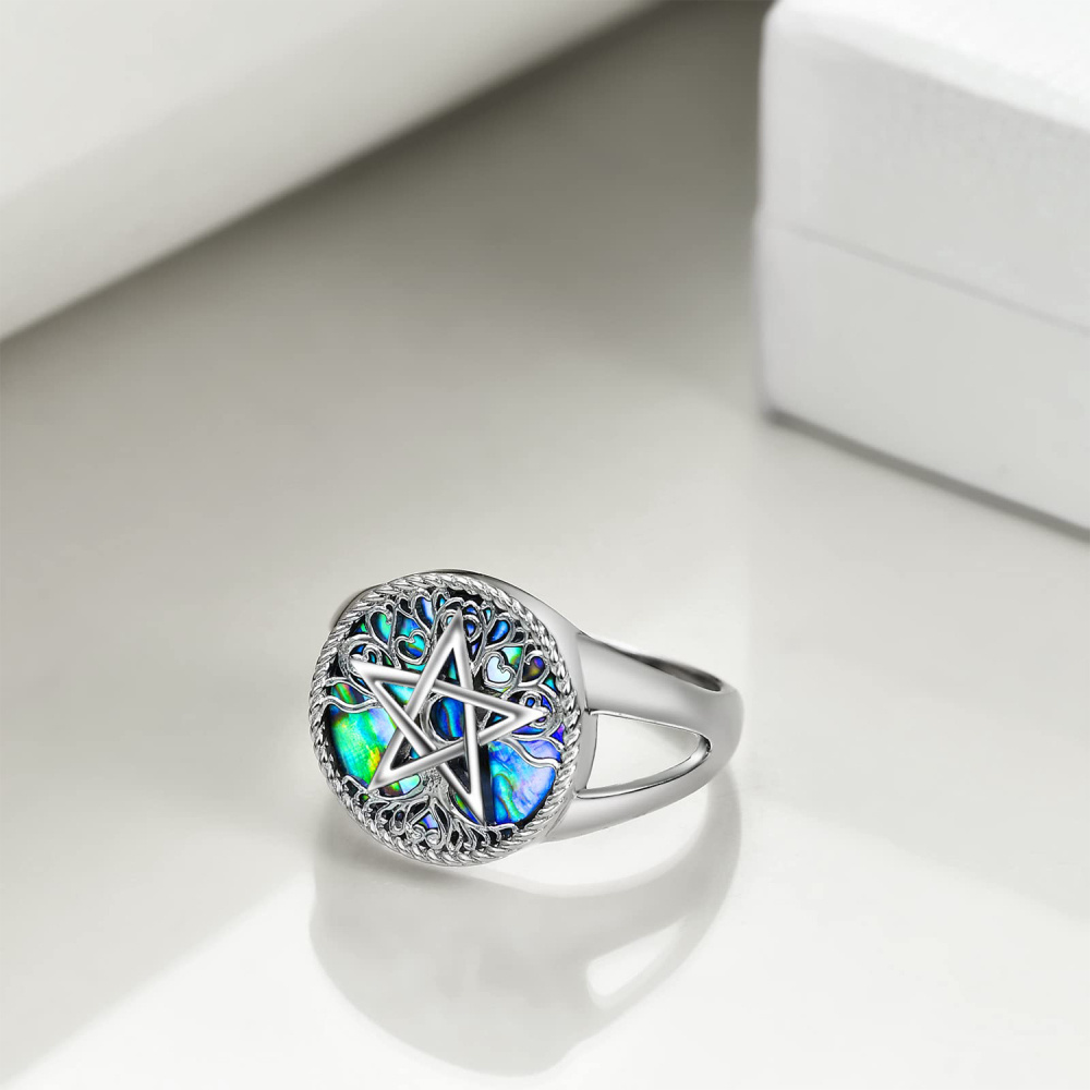 Sterling Silver Round Shaped Abalone Shellfish Tree Of Life & Pentagram Signet Ring-2