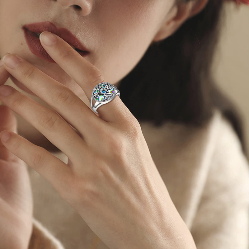 Sterling Silver Round Shaped Abalone Shellfish Tree Of Life & Pentagram Signet Ring-3