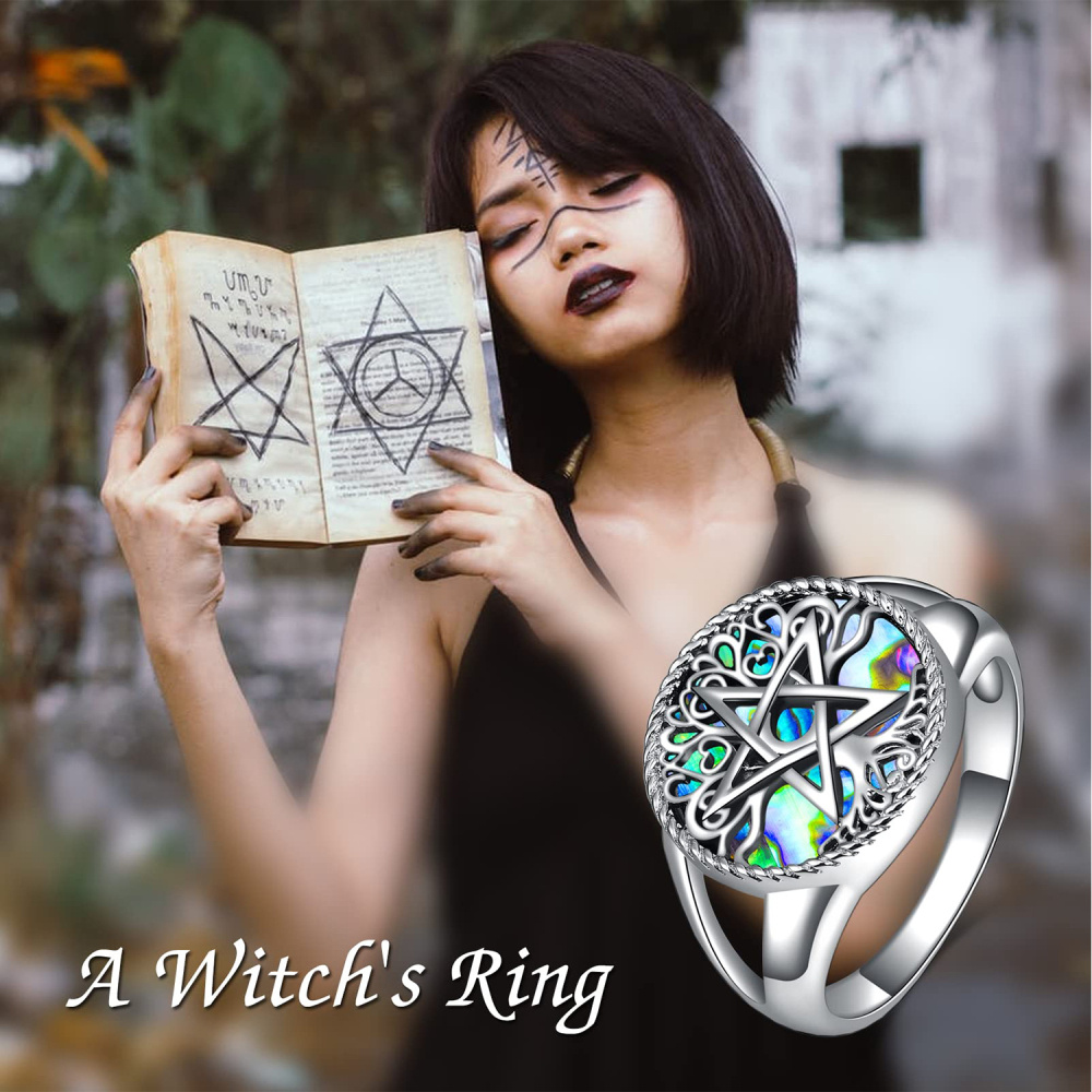 Sterling Silver Round Shaped Abalone Shellfish Tree Of Life & Pentagram Signet Ring-4