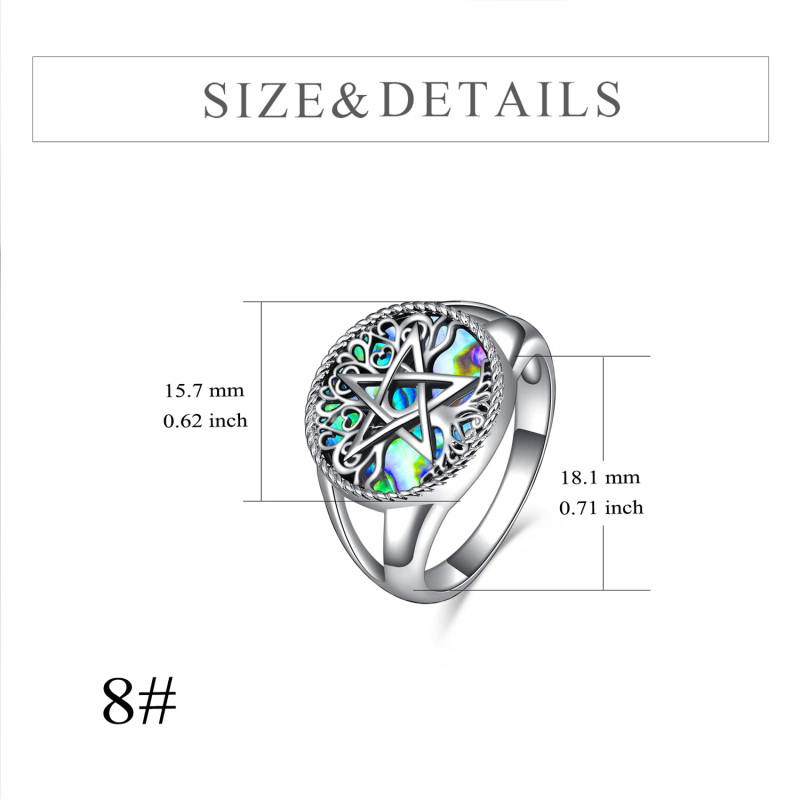 Sterling Silver Round Shaped Abalone Shellfish Tree Of Life & Pentagram Signet Ring-5
