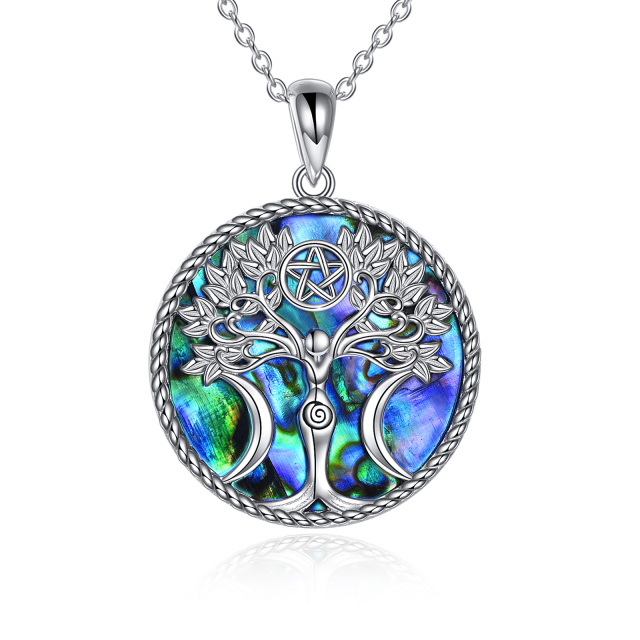 Sterling Silber kreisförmig Abalone Muschel Baum des Lebens & Pentagramm & Triple Moon Göt-1