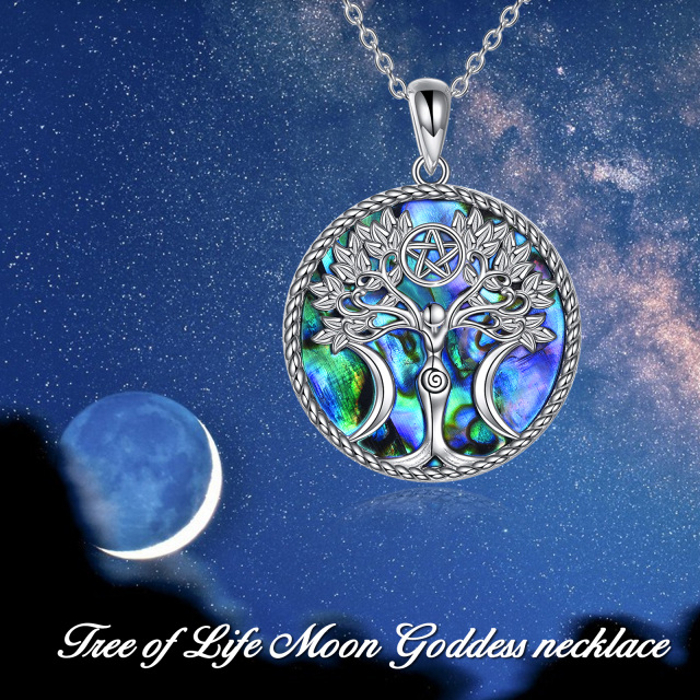 Sterling Silver Circular Shaped Abalone Shellfish Tree Of Life & Pentagram & Triple Moon Goddess Pendant Necklace-6