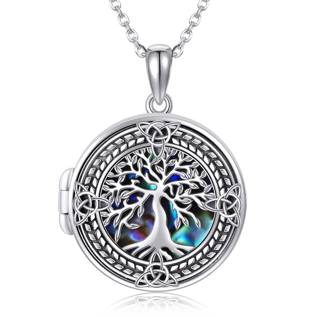 Collier avec médaillon photo personnalisé en argent sterling, coquillages et coquillages d'ormeau circulaire, arbre de vie avec nœud celtique, pour femmes-1