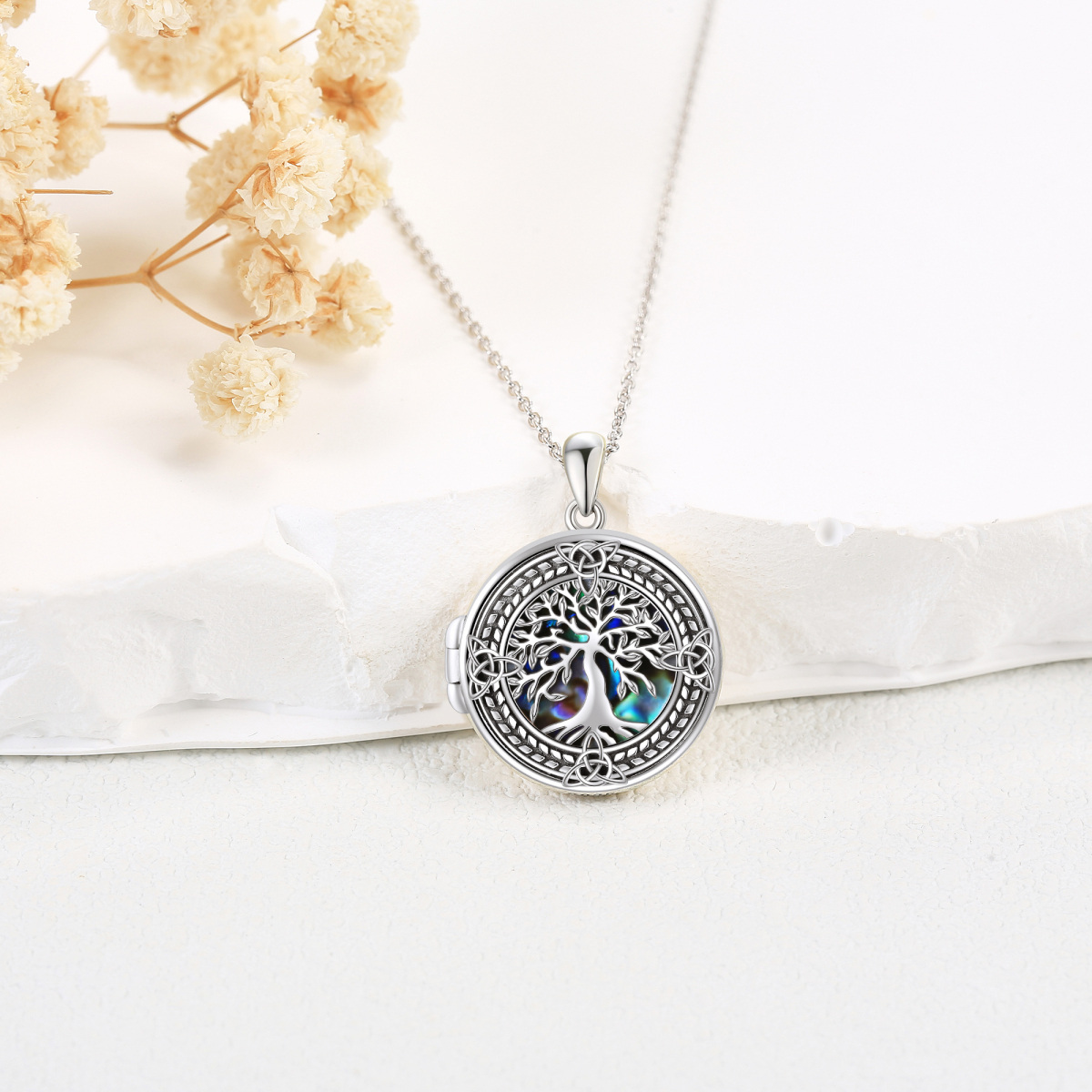 Sterling Silver Circular Abalone Shellfish Tree Of Life With Celtic Knot Personalised Photo Locket Necklace For Women-3