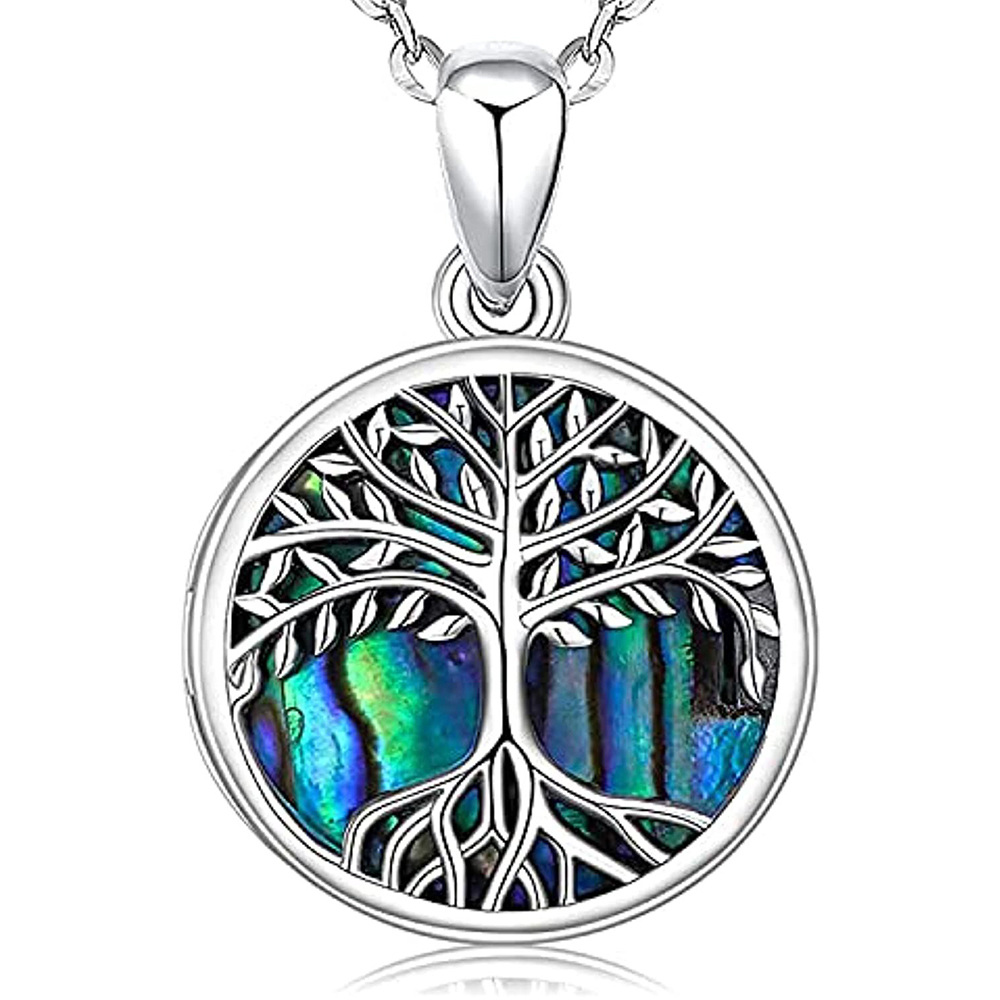 Sterling Silver Circular Shaped Abalone Shellfish Tree Of Life & Personalized Photo Locket Necklace-1