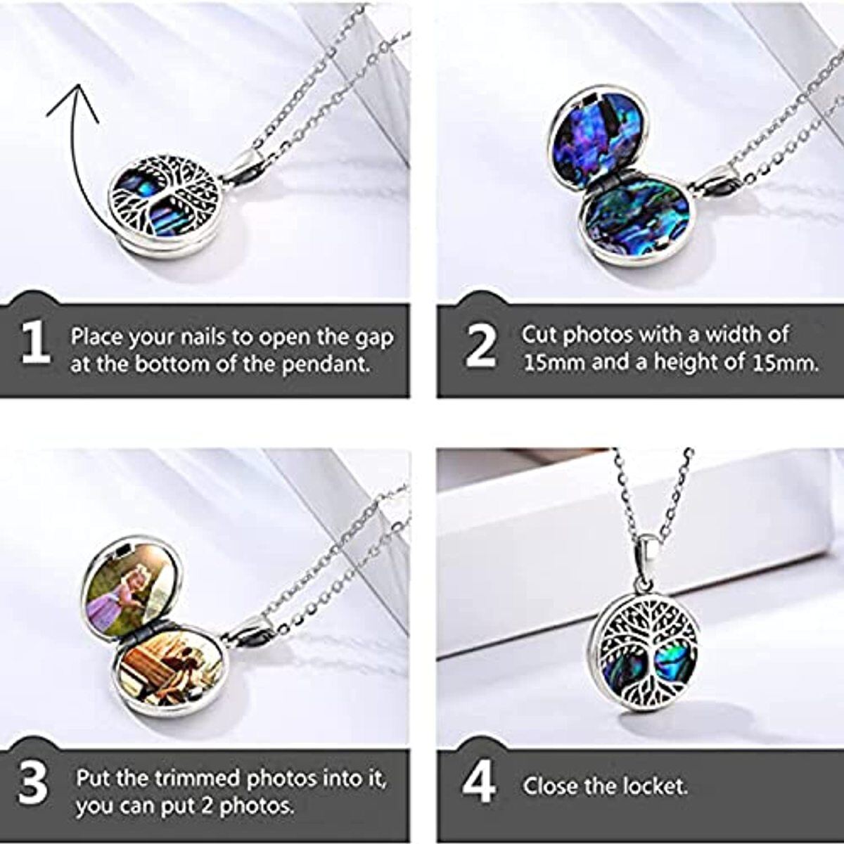 Sterling Silver Circular Shaped Abalone Shellfish Tree Of Life & Personalized Photo Locket Necklace-5