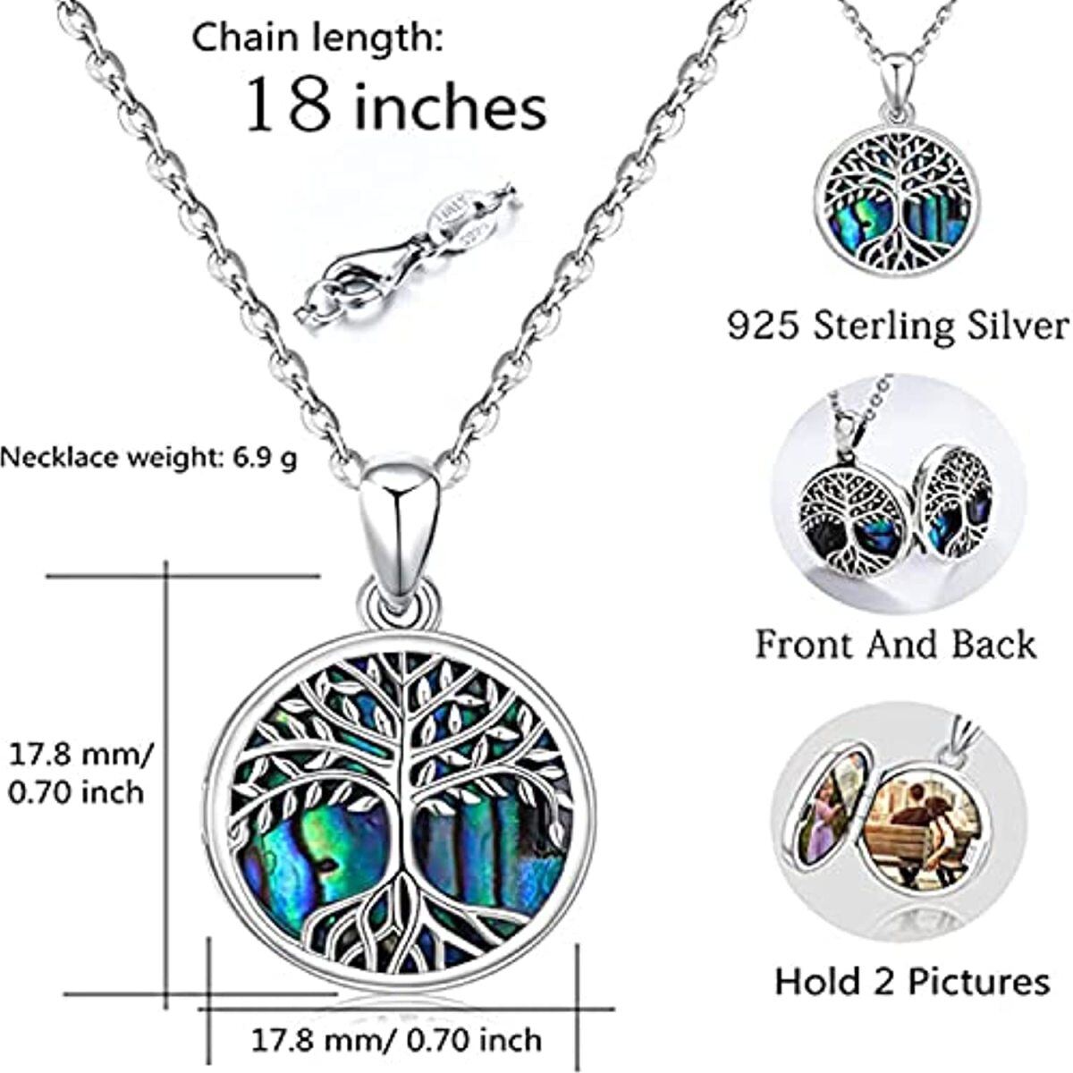 Sterling Silver Circular Shaped Abalone Shellfish Tree Of Life Personalized Photo Locket Necklace-6