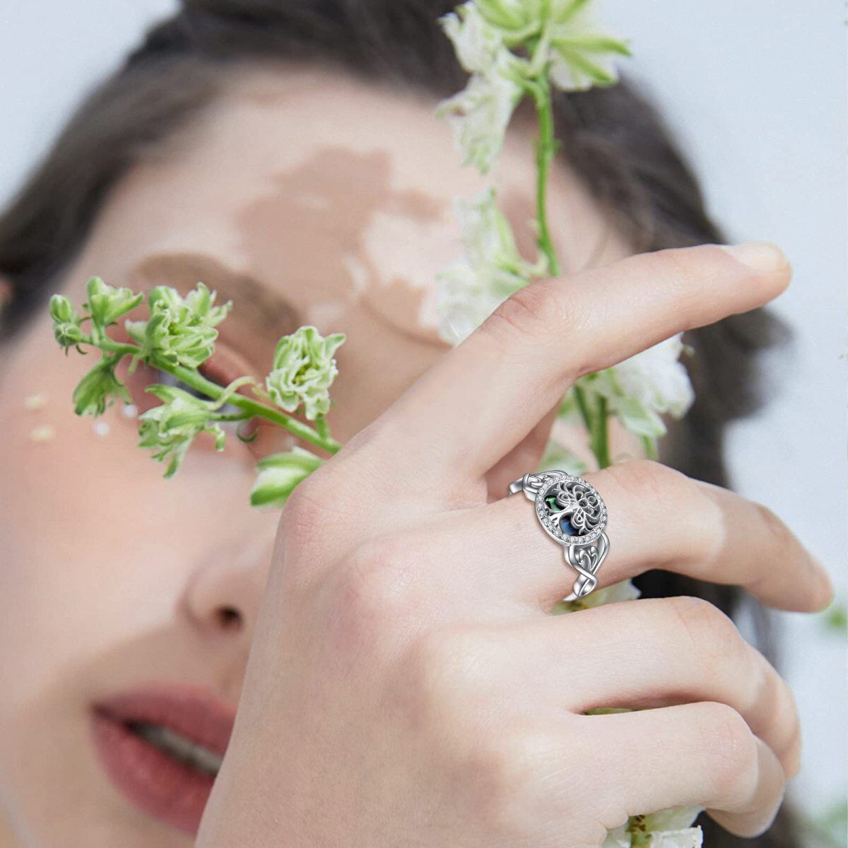 Bague en argent sterling en forme d'arbre de vie en forme de coquillage d'ormeau circulaire-2