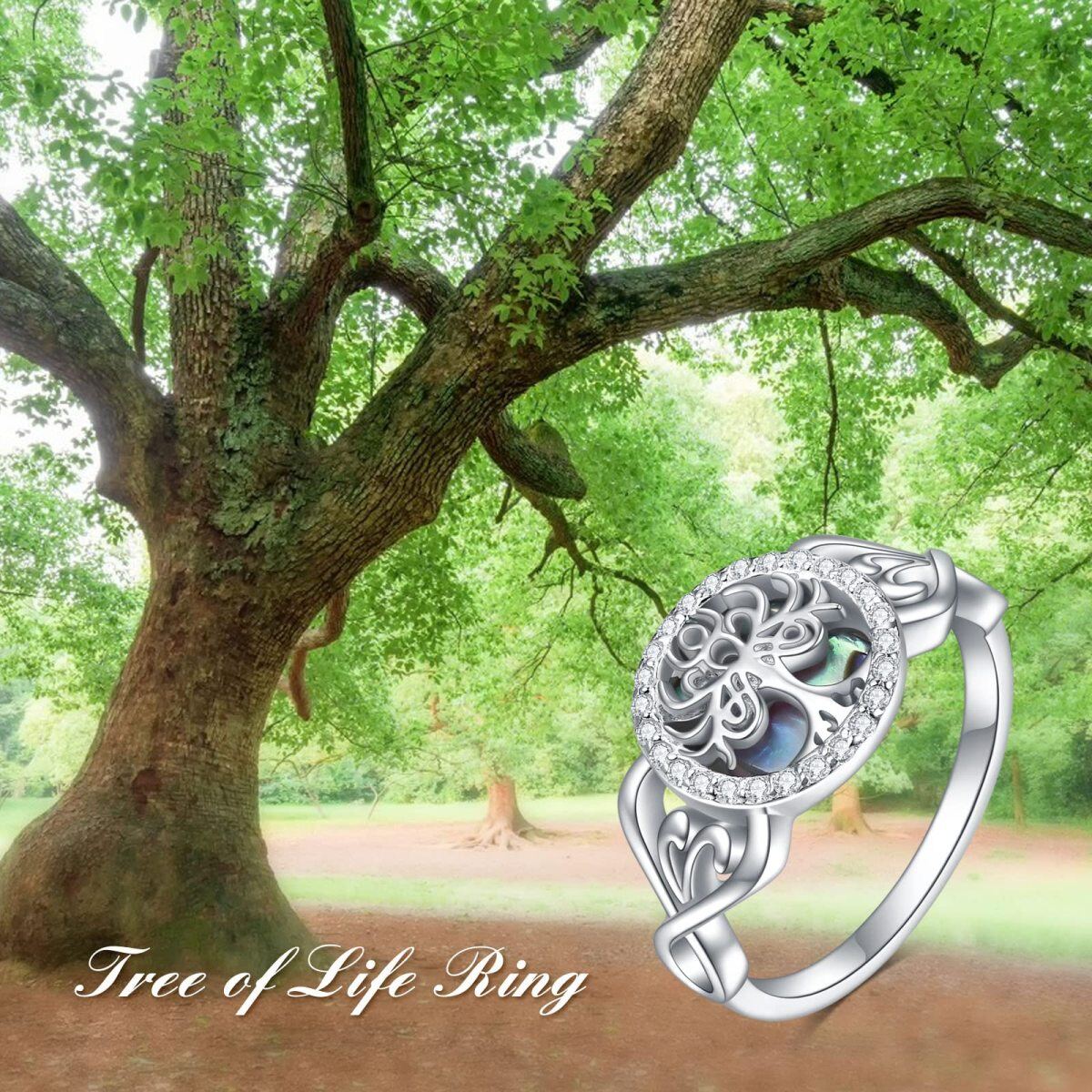 Bague en argent sterling en forme d'arbre de vie en forme de coquillage d'ormeau circulaire-5