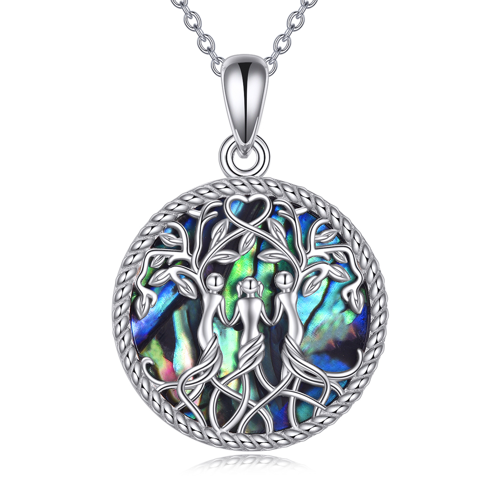 Sterling Silver Circular Shaped Abalone Shellfish Tree Of Life & Sisters Pendant Necklace