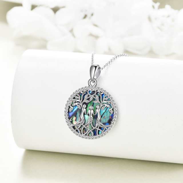 Sterling Silver Circular Shaped Abalone Shellfish Tree Of Life & Sisters Pendant Necklace-3