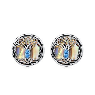 Sterling Silver Circular Shaped Abalone Shellfish Tree Of Life Stud Earrings-5