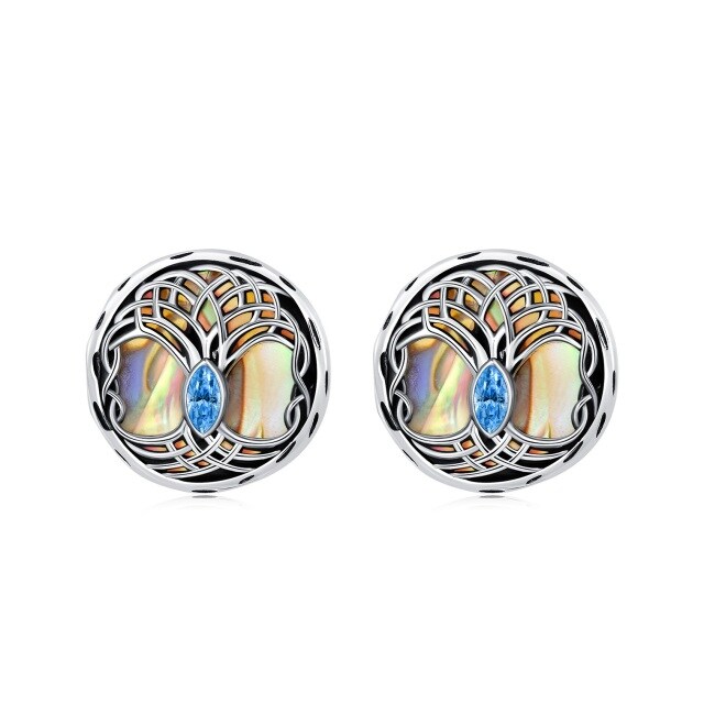 Sterling Silver Circular Shaped Abalone Shellfish Tree Of Life Stud Earrings