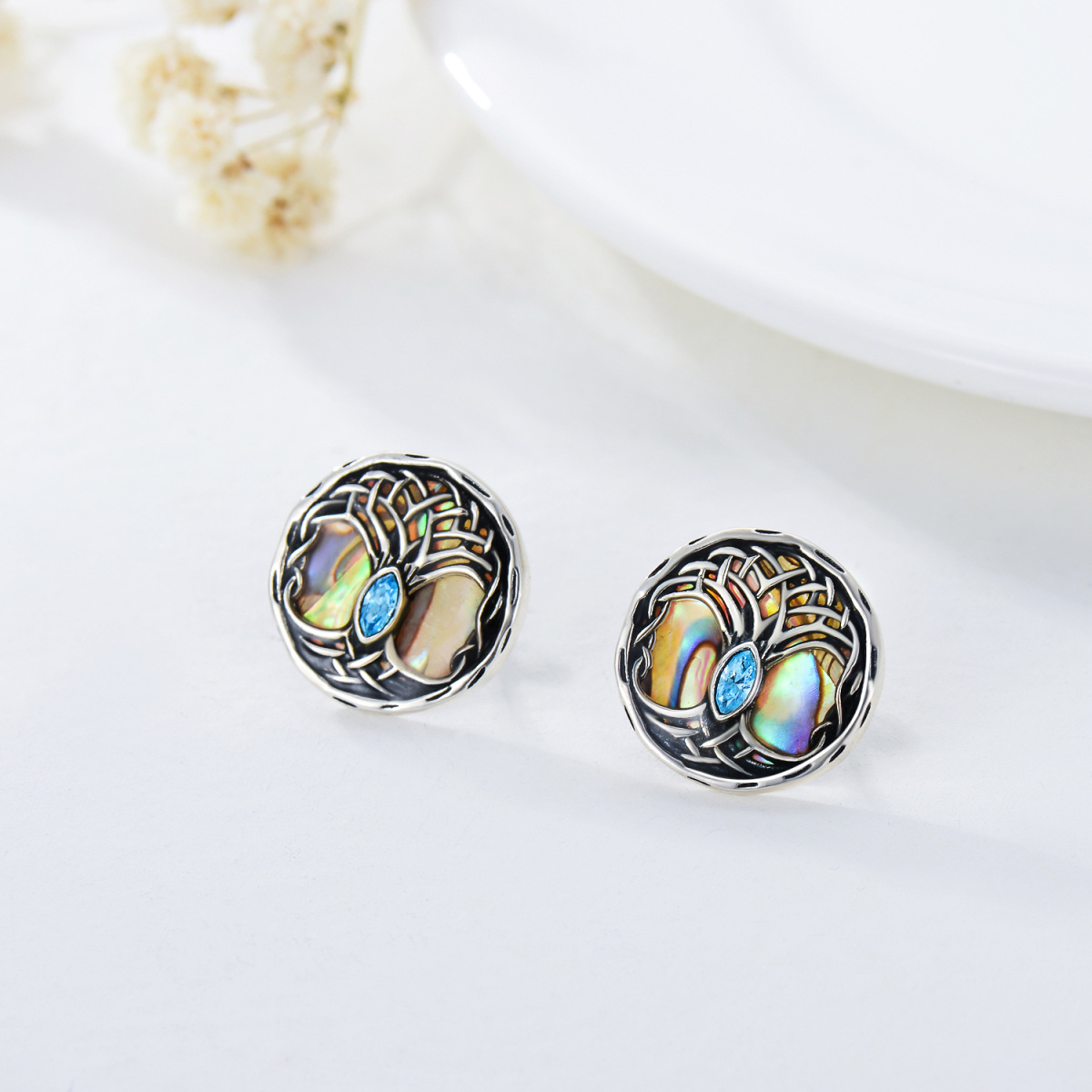 Sterling Silver Circular Shaped Abalone Shellfish Tree Of Life Stud Earrings-3