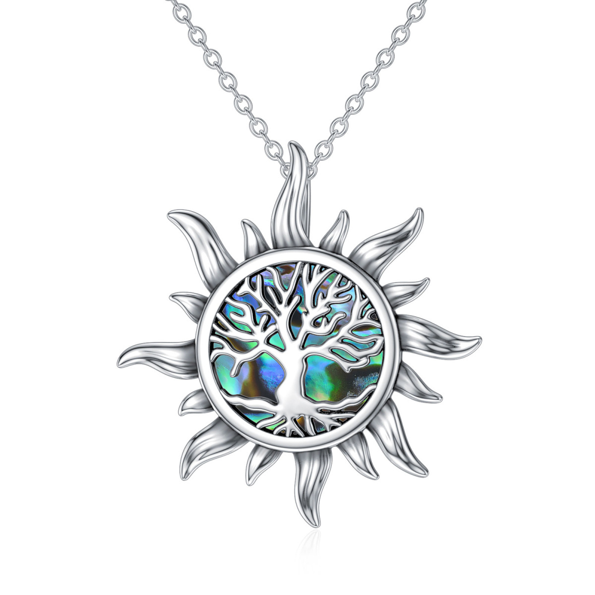 Sterling Silver Circular Shaped Abalone Shellfish Tree Of Life & Sun Pendant Necklace-3