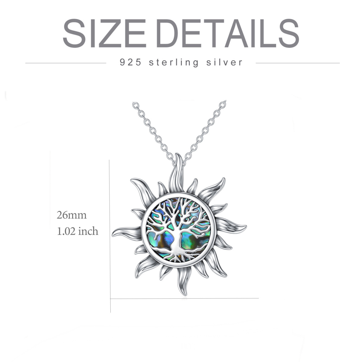 Sterling Silver Circular Shaped Abalone Shellfish Tree Of Life & Sun Pendant Necklace-5