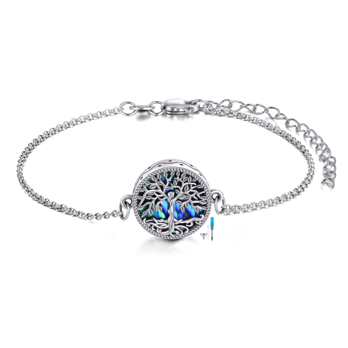 Pulsera de plata de ley con forma circular de abulón y mariscos, árbol de la vida, urna para cenizas-1