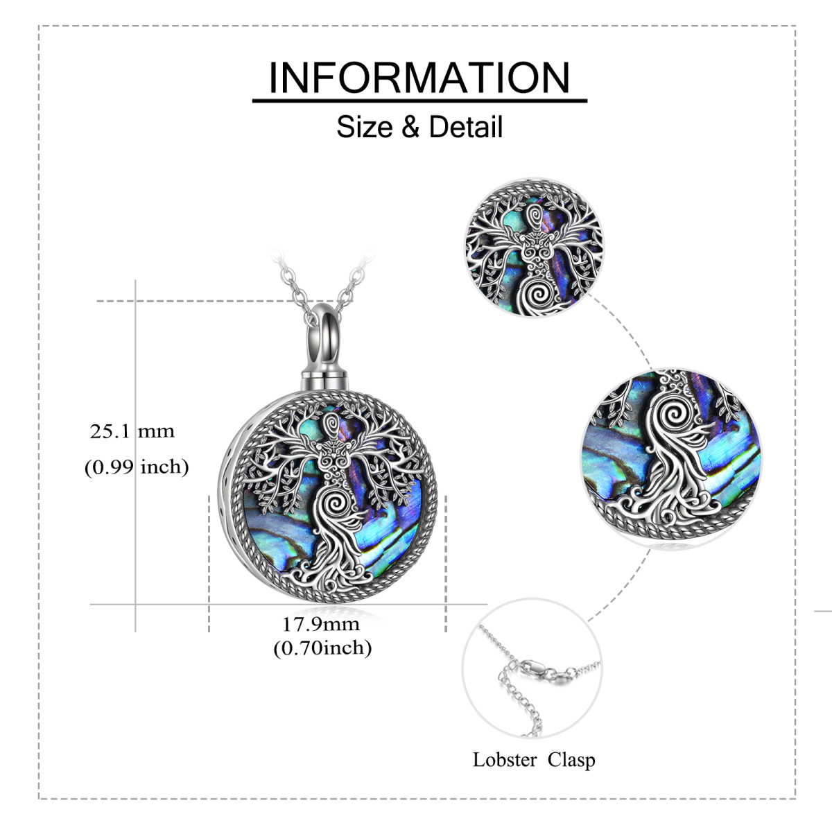 Collier en argent sterling pour cendres, forme circulaire, coquillage abalone, arbre de vi-5