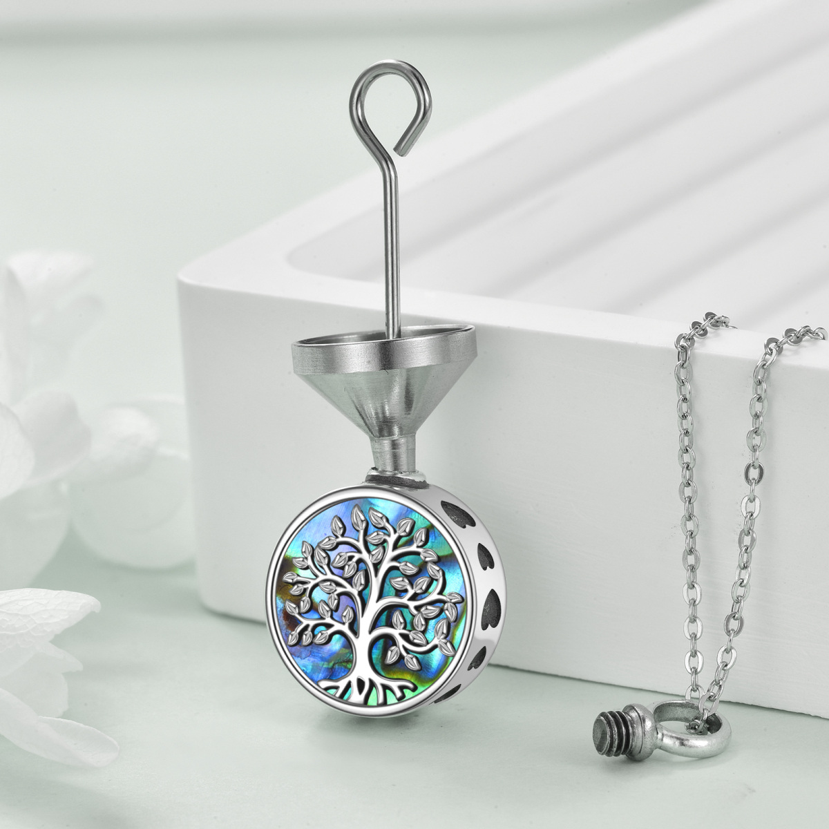 Sterling Silver Circular Shaped Abalone Shellfish Tree Of Life Urn Necklace for Ashes with Engraved Word-3