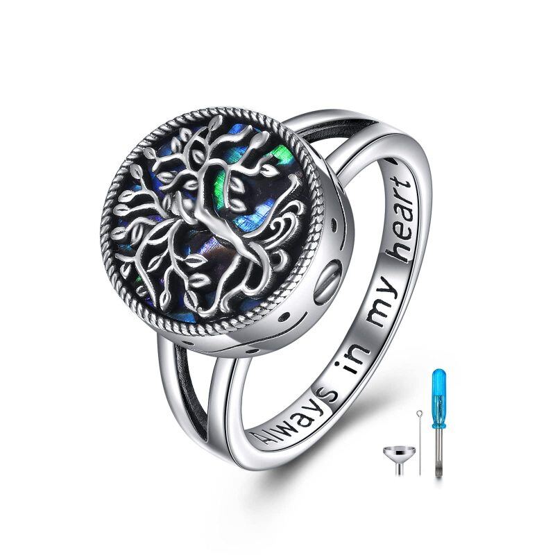 Anillo de plata de ley con forma circular de concha de abulón Árbol de la vida Urna con pa-1