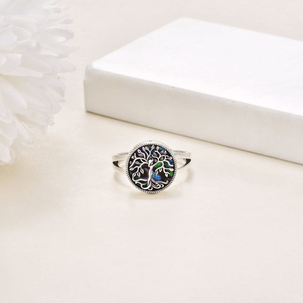 Sterling Silver Round Shaped Abalone Shellfish Tree Of Life Urn Ring with Engraved Word-3