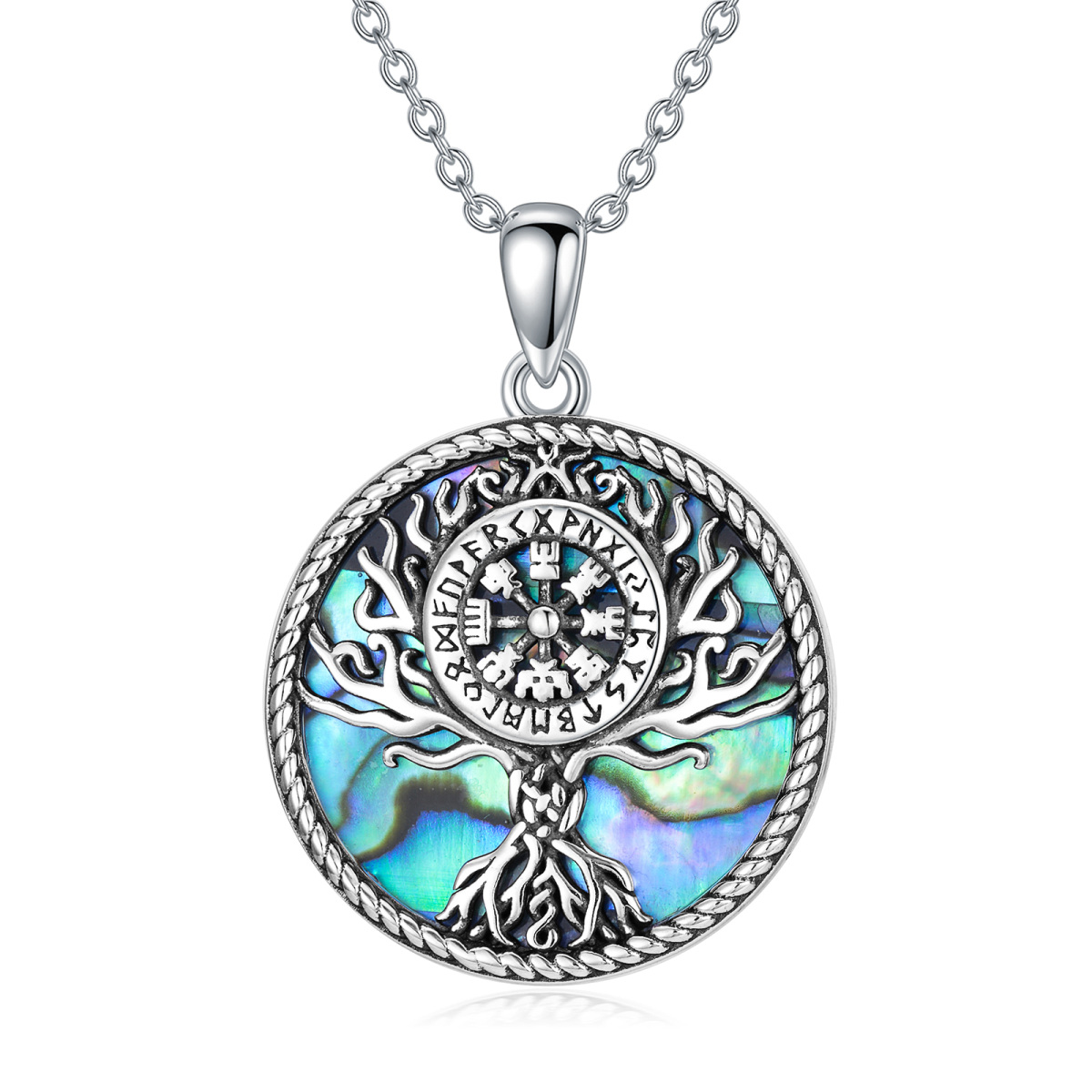 Collana in argento sterling con ciondolo circolare a forma di albero della vita e runa vichinga in conchiglia di Abalone-1