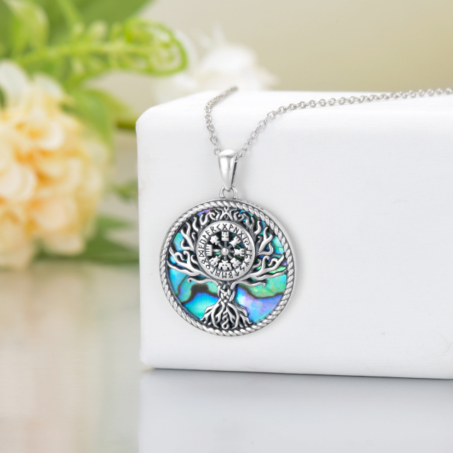 Sterling Silver Circular Shaped Abalone Shellfish Tree Of Life & Viking Rune Pendant Necklace-3