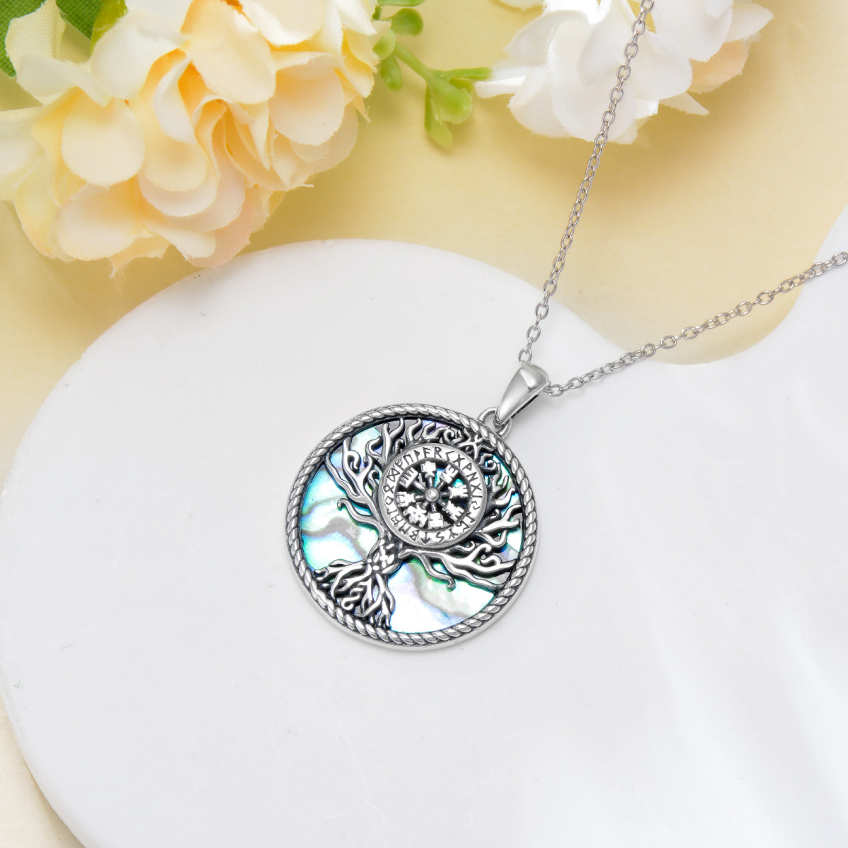 Sterling Silver Circular Shaped Abalone Shellfish Tree Of Life & Viking Rune Pendant Necklace-4