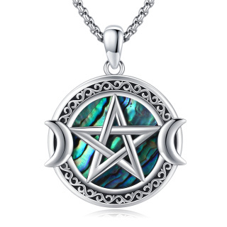 Sterling Silver Circular Shaped Abalone Shellfish Triple Moon Goddess Pendant Necklace-3