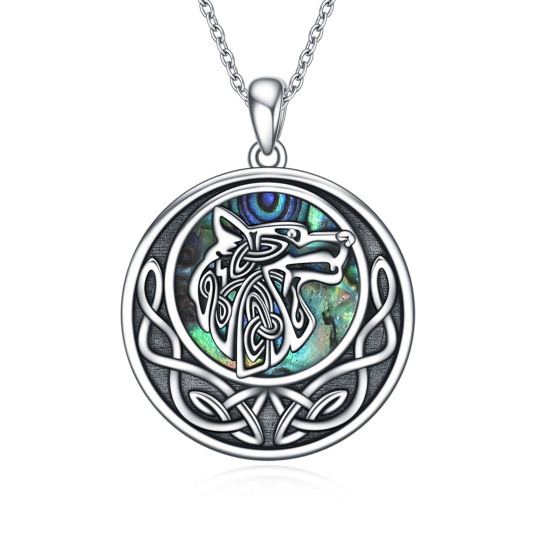 Sterling Silver Circular Shaped Abalone Shellfish Wolf & Celtic Knot Pendant Necklace