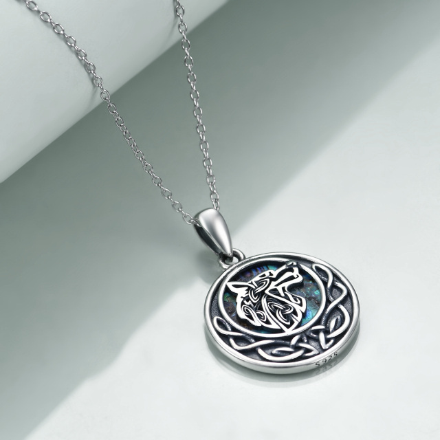 Sterling Silver Circular Shaped Abalone Shellfish Wolf & Celtic Knot Pendant Necklace-4