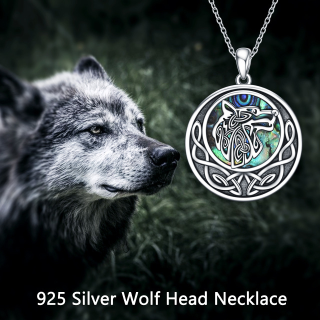 Sterling Silver Circular Shaped Abalone Shellfish Wolf & Celtic Knot Pendant Necklace-5