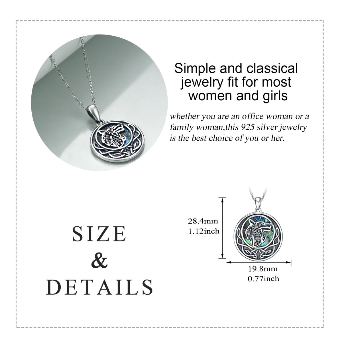 Sterling Silver Circular Shaped Abalone Shellfish Wolf & Celtic Knot Pendant Necklace-6