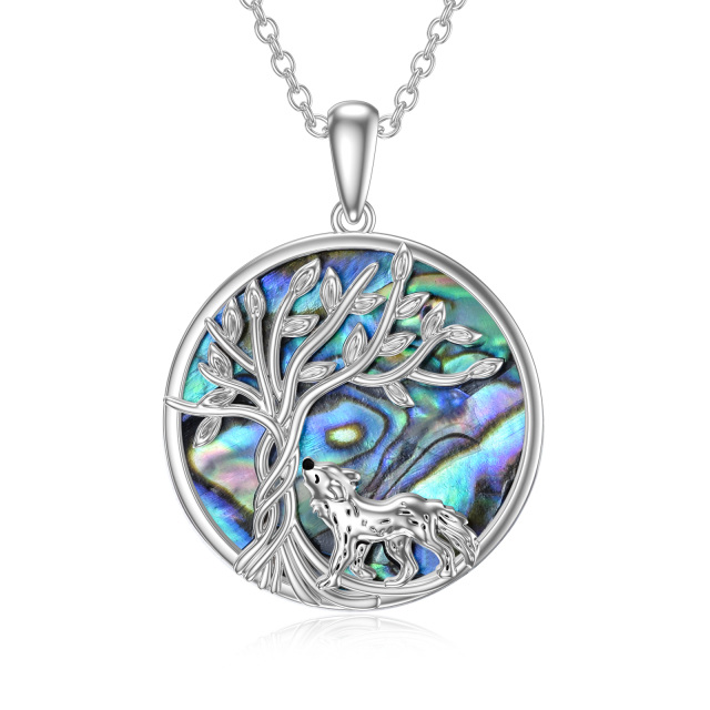 Sterling Silver Circular Shaped Abalone Shellfish Wolf & Tree Of Life Pendant Necklace-1